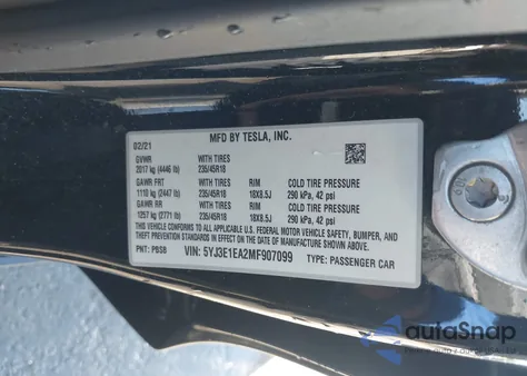 2021 Tesla Model 3 Standard Range Plus Rear-Wheel Drive from USA, damaged, VIN 5YJ3E1EA2MF907099